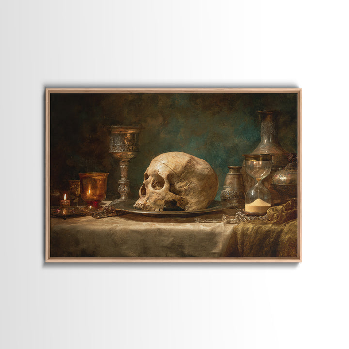Skull and Hourglass Vanitas Still Life Canvas Print, Baroque Art, Printable Wall Art, Living Room Decor, Fine Art, Ornate, BAO-3x2-33