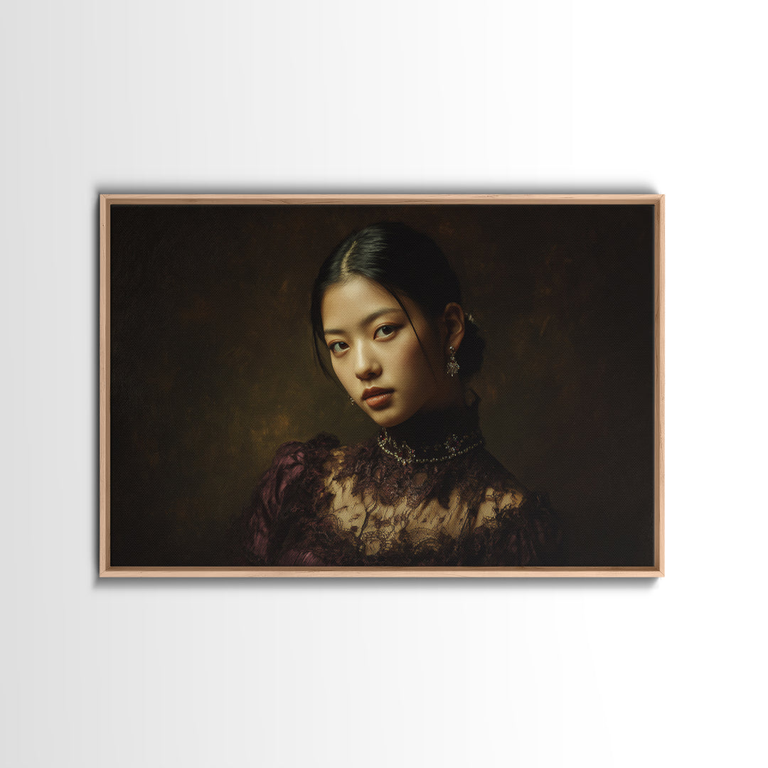 Classical Portrait with Lace Collar and Jewel Framed Canvas Print, Baroque Art, Decor, Living Room Decor, Oil Painting, Ornate, BAO-3x2-35