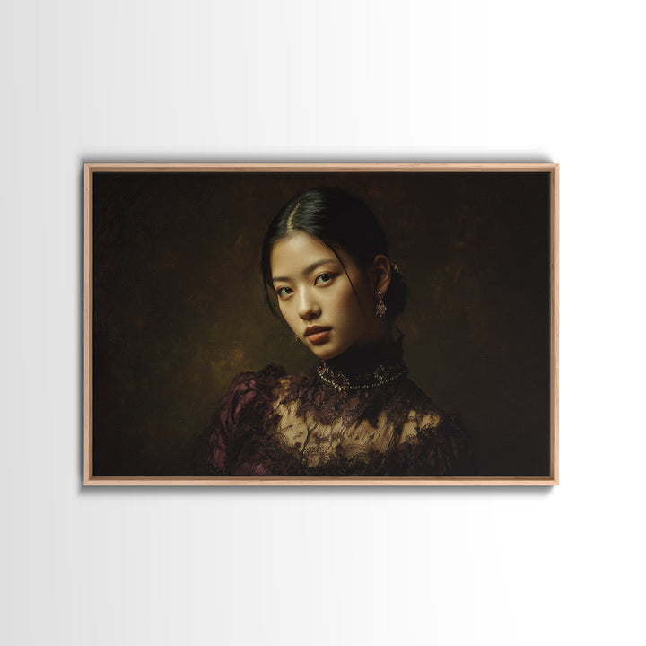 Classical Portrait with Lace Collar and Jewel Framed Canvas Print, Baroque Art, Decor, Living Room Decor, Oil Painting, Ornate, BAO-3x2-35