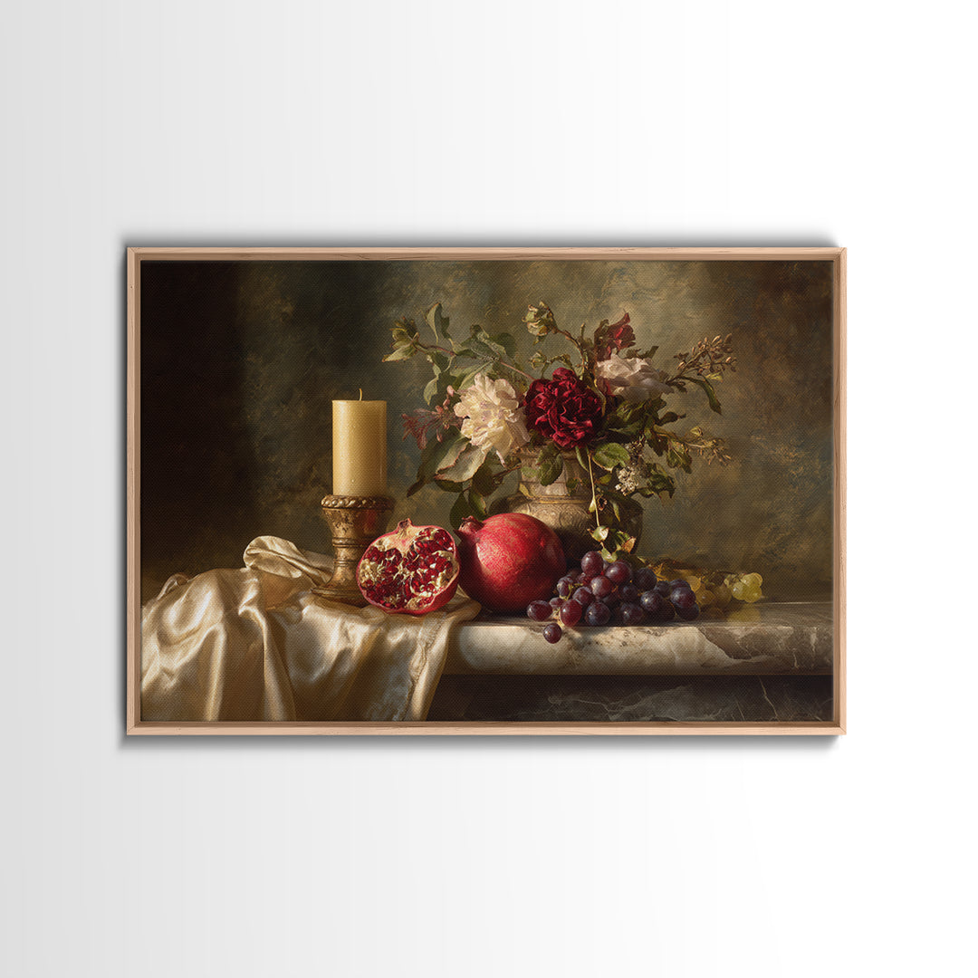 Pomegranate and Grapes on a Marble Ledge Framed Canvas Print, Baroque Art, Contemporary Art, Living Room Decor, Ornate, BAO-3x2-36