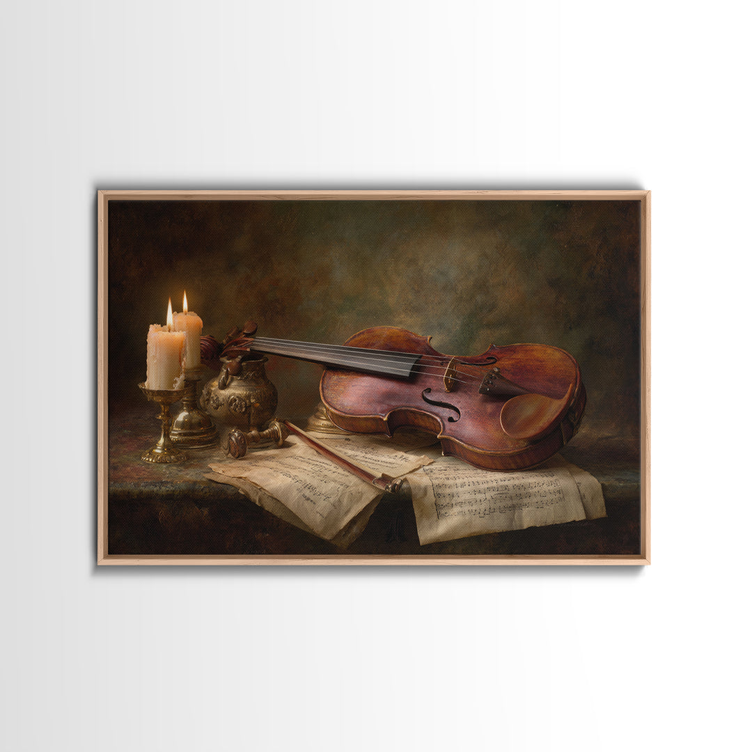 Baroque Violin and Sheet Music Still Life Framed Canvas Print, Baroque Art, Whimsical Decor, Living Room Decor, Ornate, BAO-3x2-39