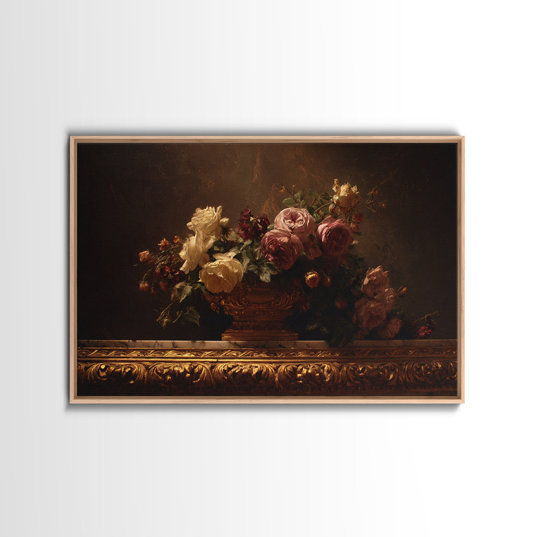 Golden Harp and Roses Framed Canvas Print, Baroque Art, Painting, Living Room Decor, Fine Art, Ornate, Living Room Wall Art, BAO-3x2-46