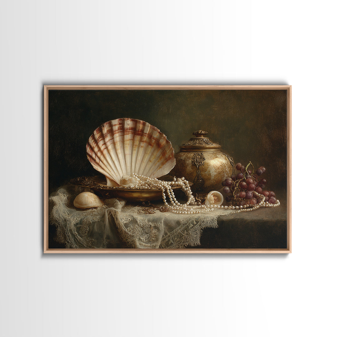 Ornamental Shell and Pearl Composition Framed Canvas Print, Baroque Art, Decor, Living Room Decor, Oil Painting, Ornate, BAO-3x2-50