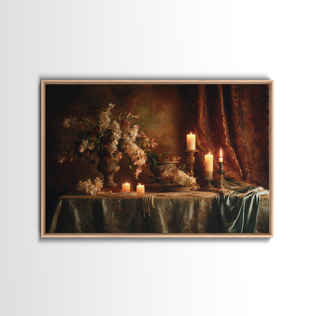 Velvet Drapery with Pearls Flowers and Candlelight Canvas Print, Baroque Art, Maximalist Wall Art, Living Room Decor, Ornate, BAO-3x2-55