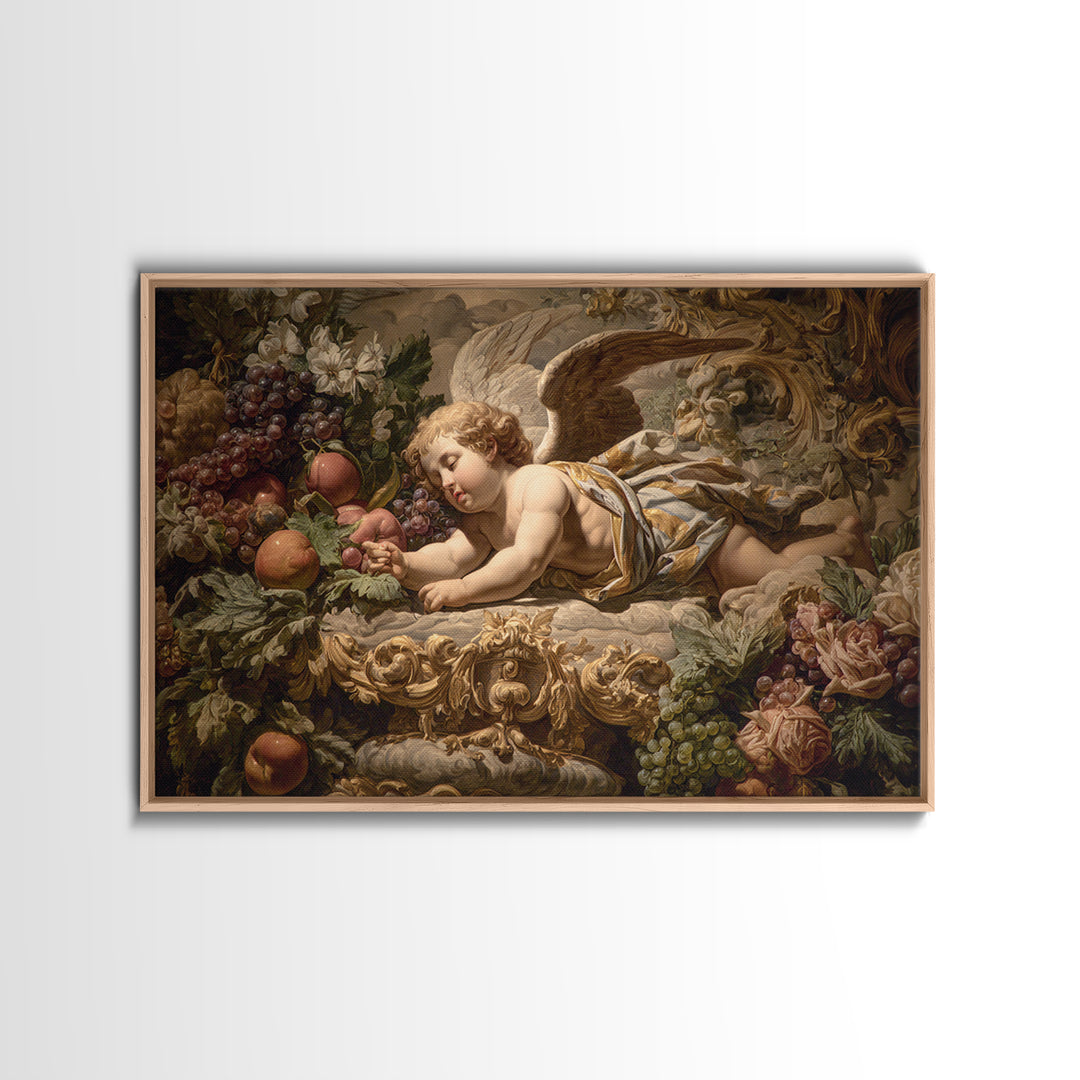 Ornate Cherub Figure Surrounded by Clouds and Framed Canvas Print, Baroque Art, Contemporary Art, Living Room Decor, Ornate, BAO-3x2-6