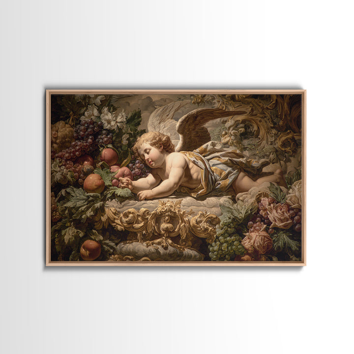 Ornate Cherub Figure Surrounded by Clouds and Framed Canvas Print, Baroque Art, Contemporary Art, Living Room Decor, Ornate, BAO-3x2-6