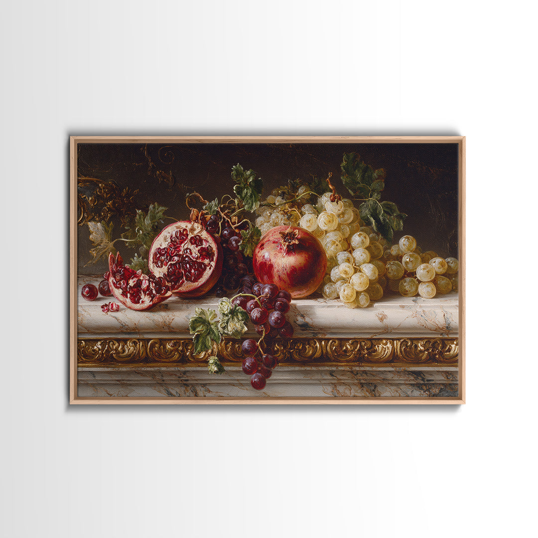 Pomegranate and Grapes on a Marble Ledge Framed Canvas Print, Baroque Art, Whimsical Decor, Living Room Decor, Fine Art, Ornate, BAO-3x2-60