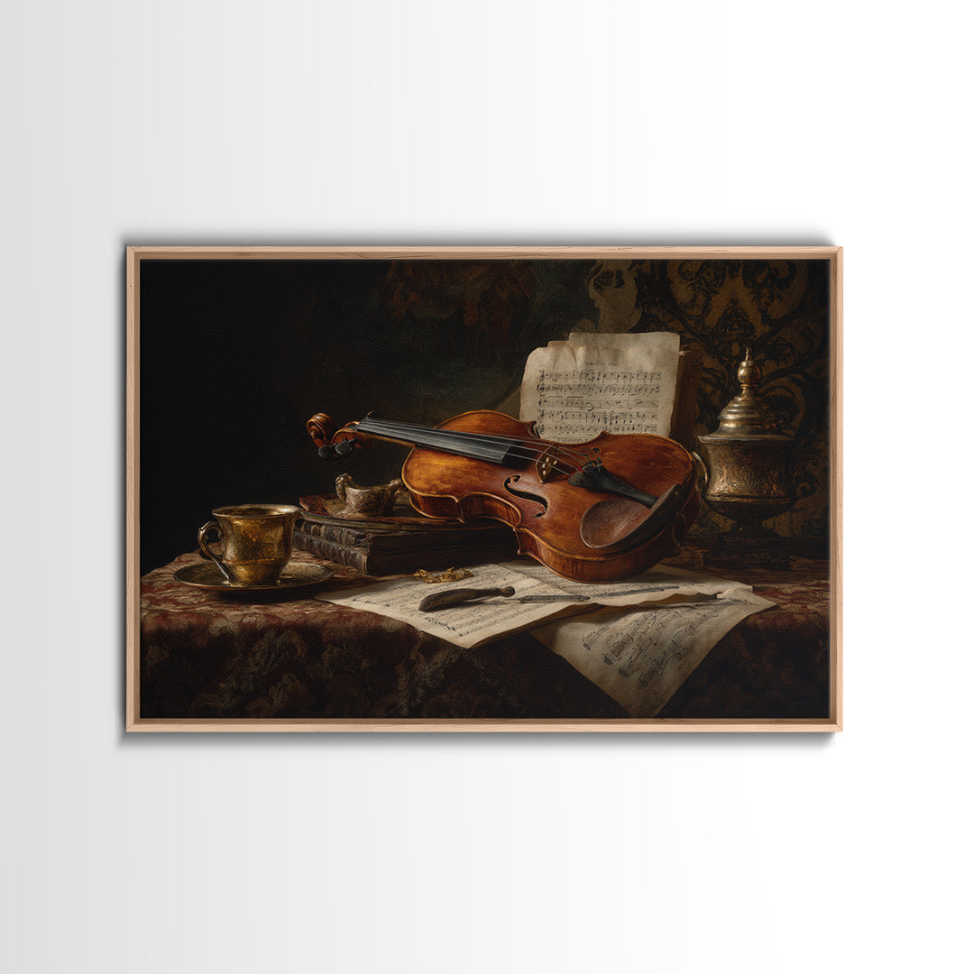 Baroque Violin and Sheet Music Still Life Framed Canvas Print, Baroque Art, Neutral Decor, Living Room Decor, Fine Art, Ornate, BAO-3x2-63