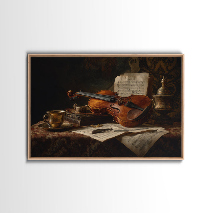 Baroque Violin and Sheet Music Still Life Framed Canvas Print, Baroque Art, Neutral Decor, Living Room Decor, Fine Art, Ornate, BAO-3x2-63