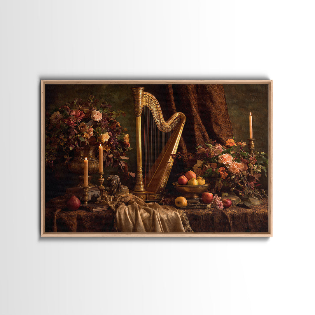 Golden Harp and Roses Framed Canvas Print, Baroque Art, Painting, Living Room Decor, Fine Art, Ornate, Living Room Wall Art, BAO-3x2-70