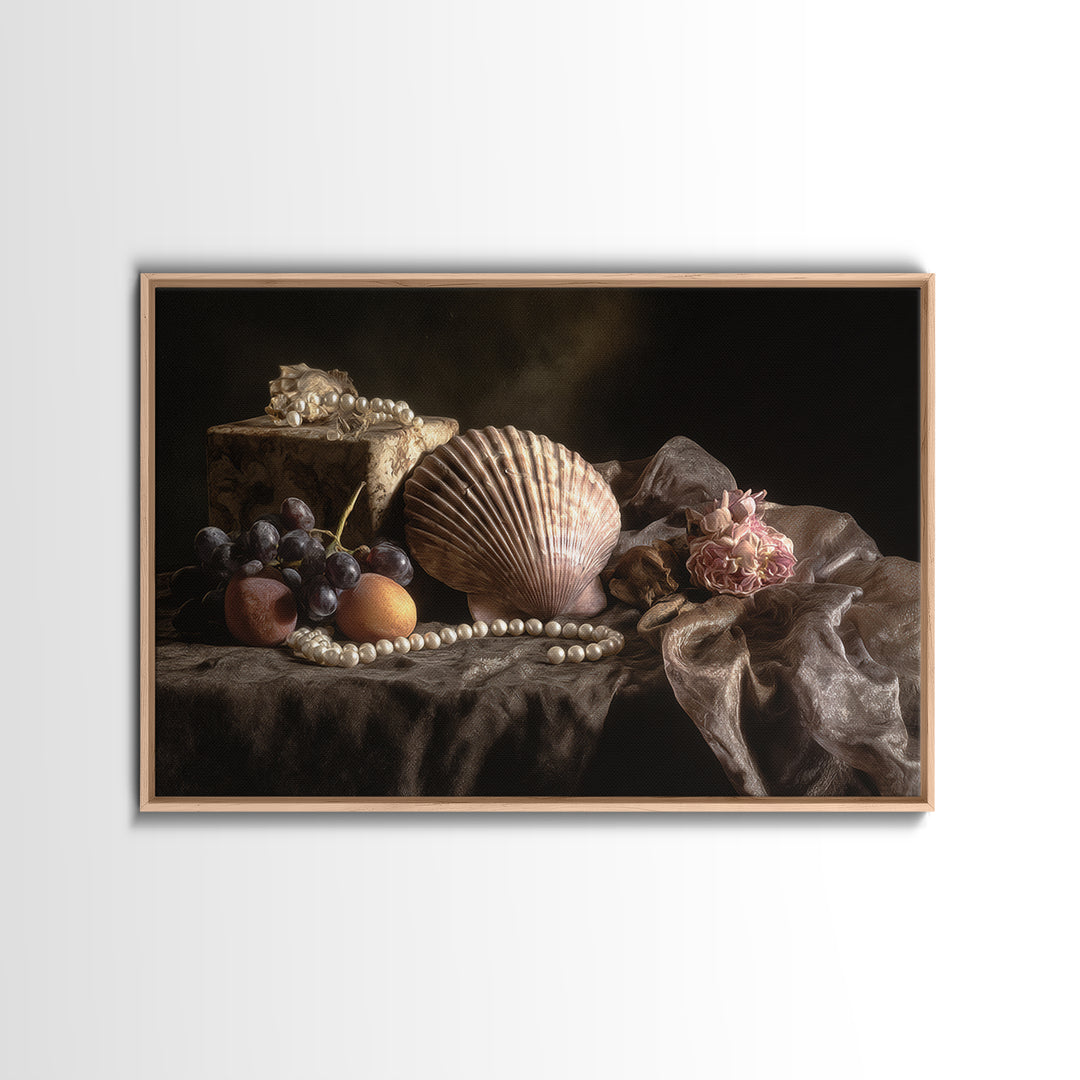 Ornamental Shell and Pearl Composition Framed Canvas Print, Baroque Art, Decor, Living Room Decor, Oil Painting, Ornate, BAO-3x2-74