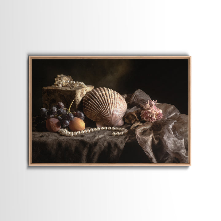 Ornamental Shell and Pearl Composition Framed Canvas Print, Baroque Art, Decor, Living Room Decor, Oil Painting, Ornate, BAO-3x2-74