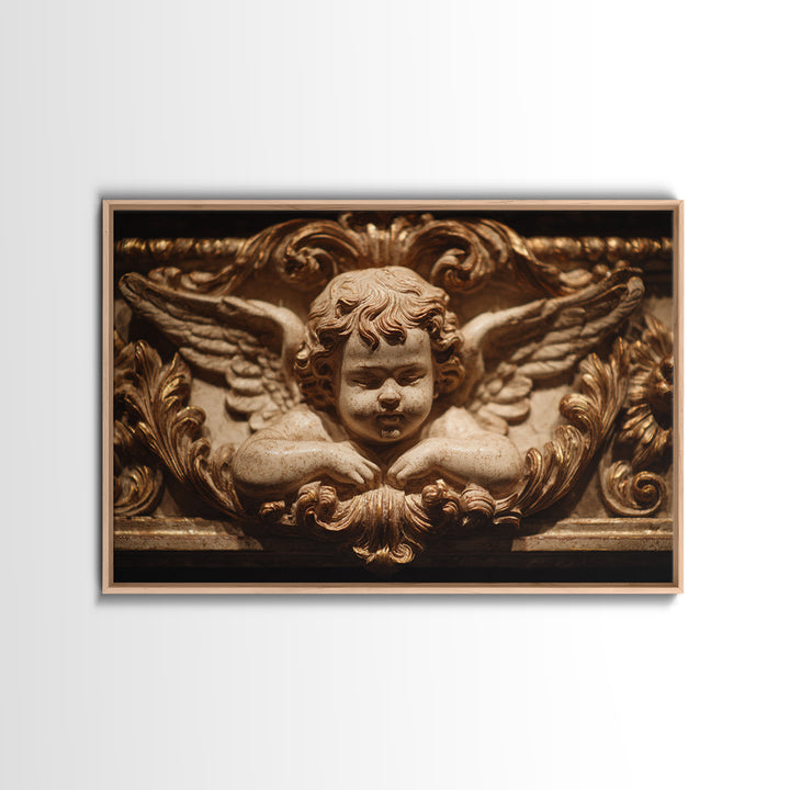 Ornate Cherub Figure Surrounded by Clouds and Framed Canvas Print, Baroque Art, Whimsical Decor, Living Room Decor, Ornate, BAO-3x2-78