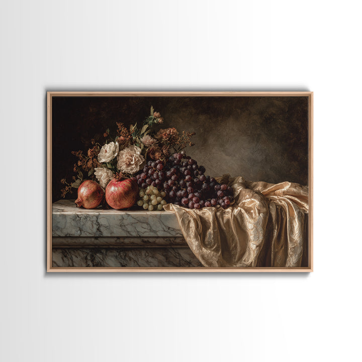 Pomegranate and Grapes on a Marble Ledge Canvas Print, Baroque Art, Moody Wall Art, Living Room Decor, Fine Art, Ornate, BAO-3x2-84