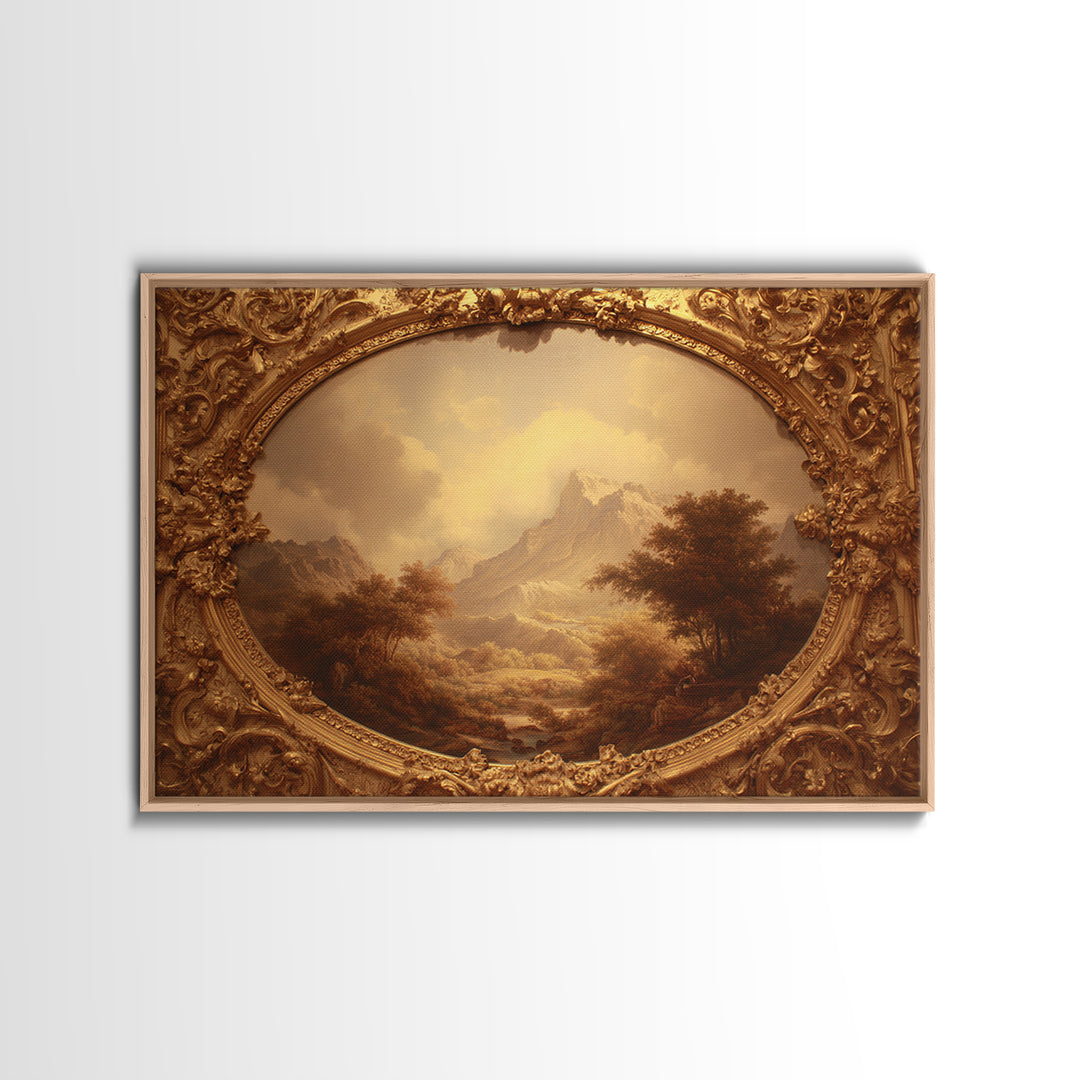 Ornate Gold Frame Illusion Around a Botanical Framed Canvas Print, Baroque Art, 3d Wall Art, Living Room Decor, Ornate, BAO-3x2-85