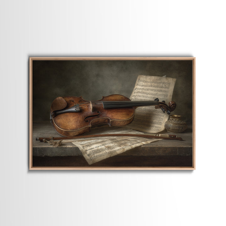 Baroque Violin and Sheet Music Still Life Framed Canvas Print, Baroque Art, Whimsical Decor, Living Room Decor, Ornate, BAO-3x2-87