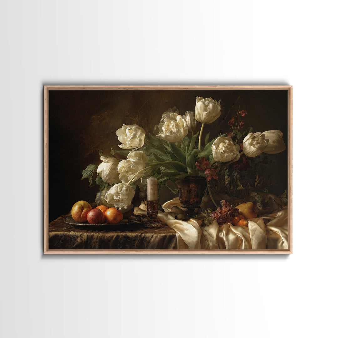 Black Background Tulips Framed Canvas Print, Baroque Art, Room Decor Aesthetic, Living Room Decor, Fine Art, Ornate, Home Decor, BAO-3x2-92
