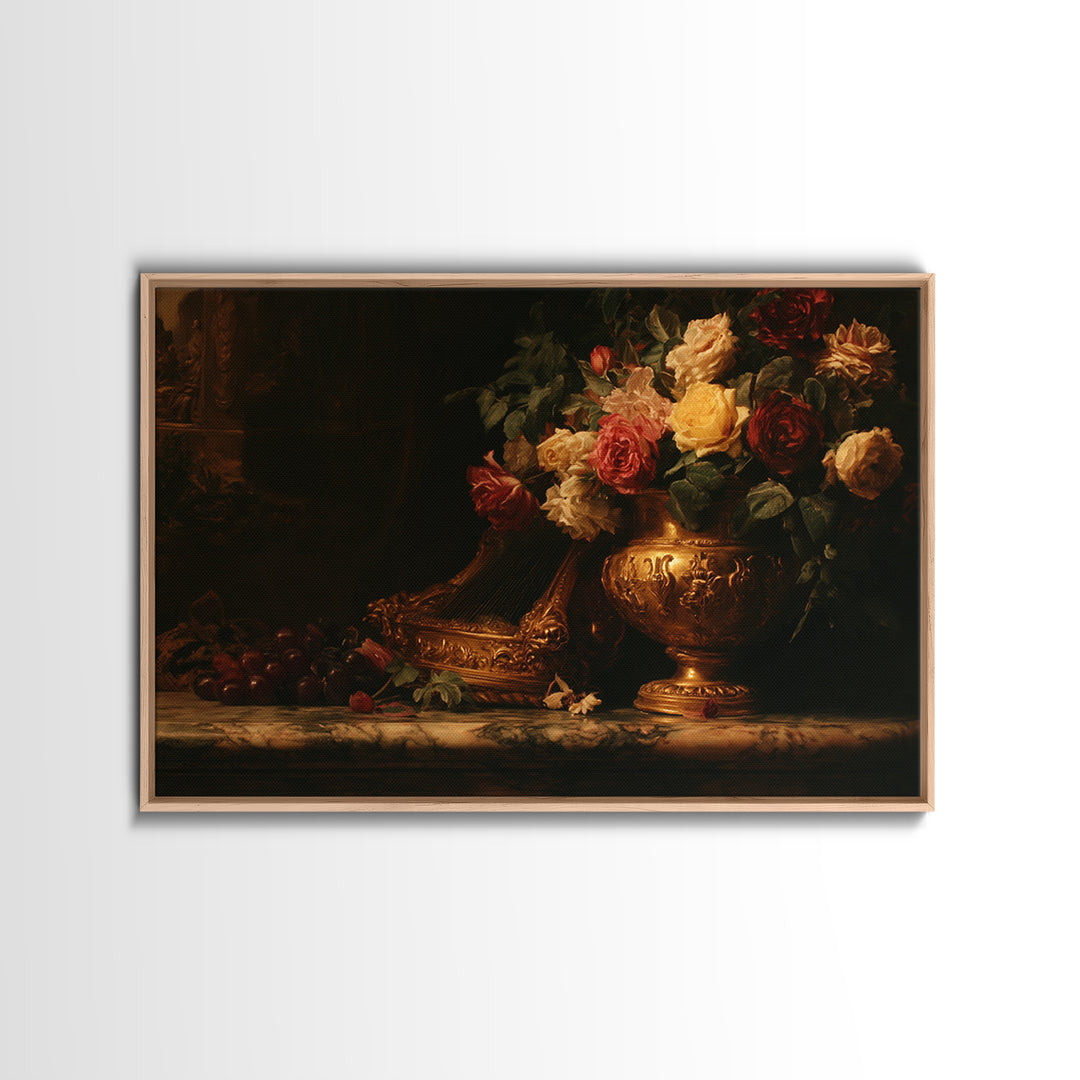 Golden Harp and Roses Canvas Print, Baroque Art, Printable Art, Living Room Decor, Abstract Art, Ornate, Gallery Wall, BAO-3x2-94