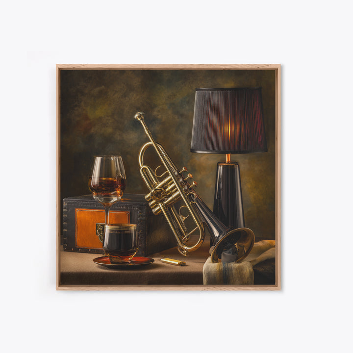 Moody Jazz Trumpet Beside a Half Full Canvas Print, Bar Art, Bar Signs, Bar Decor, Fine Art, Modern Decor, Fine Art Print, BAR-1x1-18