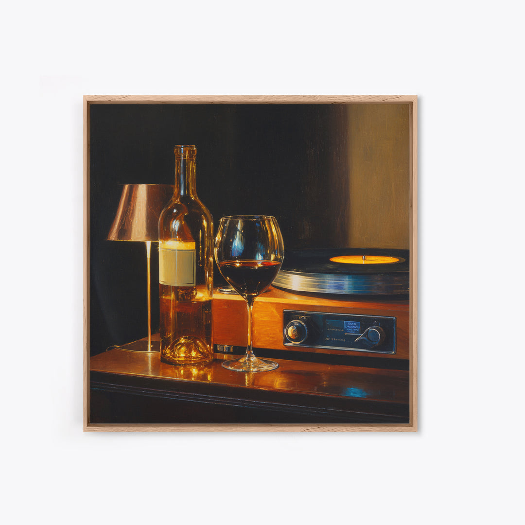 Wine and Record Player Lounge Still Life Framed Canvas Print, Bar Art, Boho Decor, Bar Decor, Oil Painting, Art Print, BAR-1x1-37