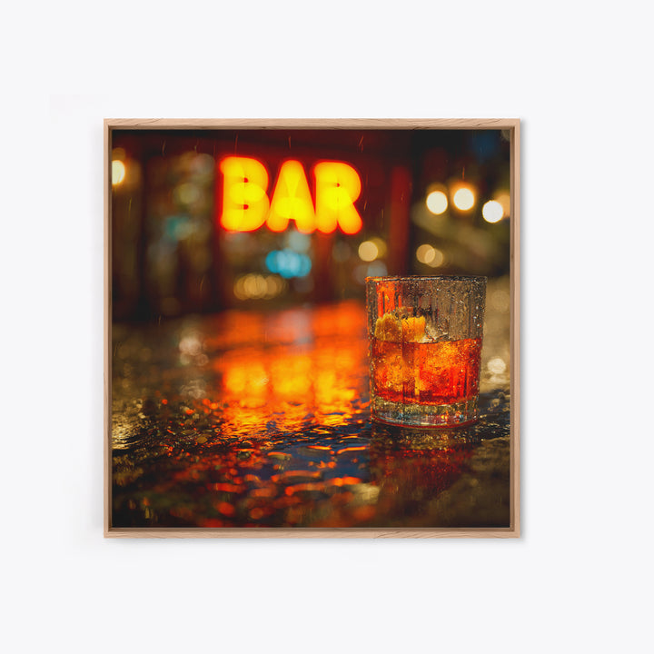 Neon Cocktail Sign Reflected Framed Canvas Print, Bar Art, Textured Painting, Bar Decor, Fine Art, Bar Cart, BAR-1x1-53