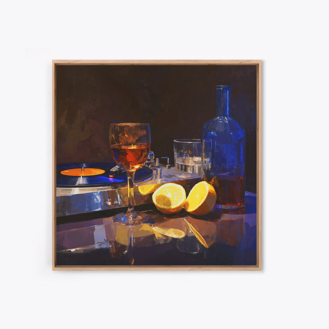 Wine and Record Player Lounge Still Life Framed Canvas Print, Bar Art, Boho Decor, Bar Decor, Oil Painting, Art Print, BAR-1x1-61
