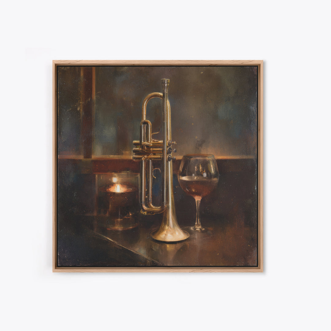 Moody Jazz Trumpet Beside a Half Full Framed Canvas Print, Bar Art, Coffee Bar, Bar Decor, Abstract Art, Room Decor, BAR-1x1-66