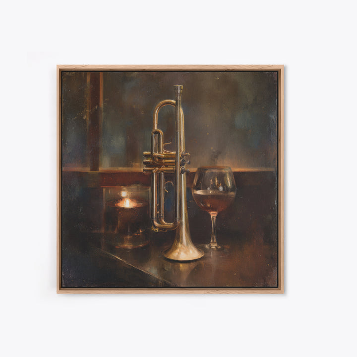 Moody Jazz Trumpet Beside a Half Full Framed Canvas Print, Bar Art, Coffee Bar, Bar Decor, Abstract Art, Room Decor, BAR-1x1-66