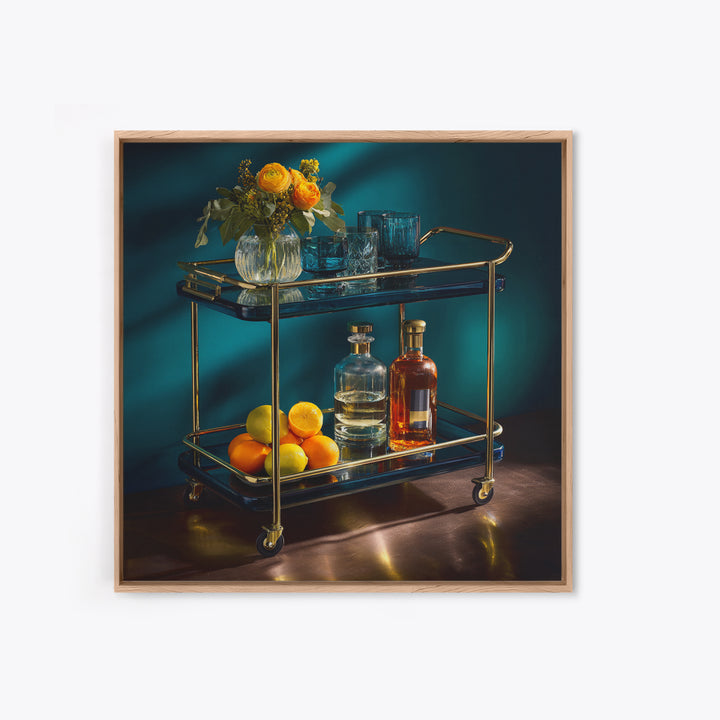 Luxury Emerald Bar Cart Arrangement Framed Canvas Print, Bar Art, Cocktail Wall Art, Bar Decor, Fine Art, Textured Painting, BAR-1x1-70