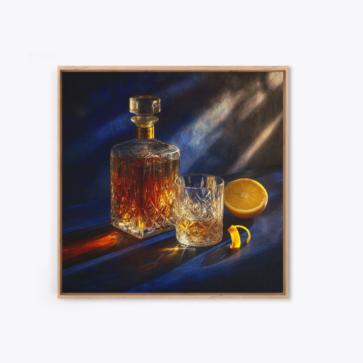 Whiskey Bottle and Cut Crystal Glass Framed Canvas Print, Bar Art, Fine Art Print, Bar Decor, Fine Art, Metal Wall Art, BAR-1x1-74