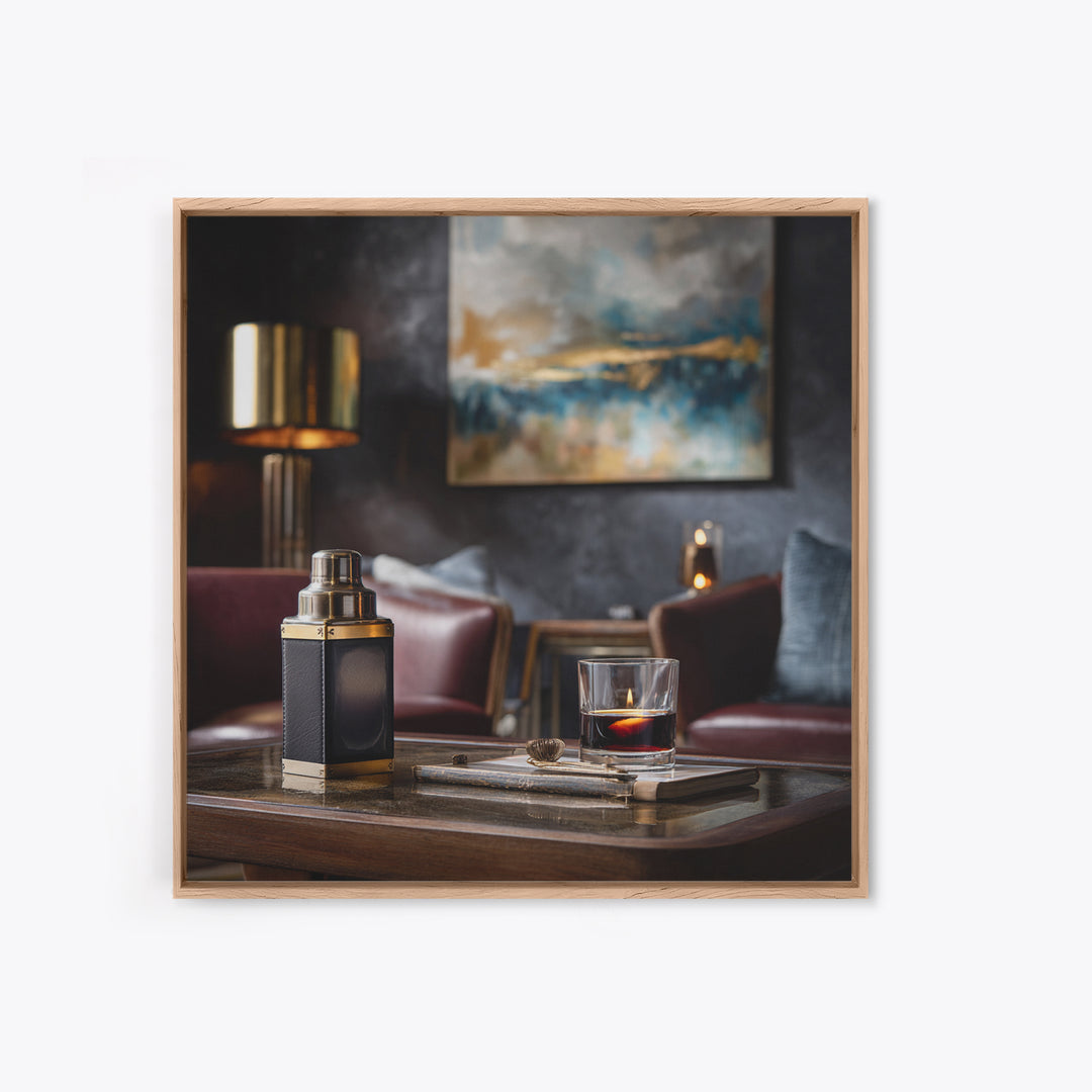 Speakeasy Key and Cocktail Shaker Composition Framed Canvas Print, Bar Art, Minimalist Decor, Bar Decor, Fine Art, BAR-1x1-88