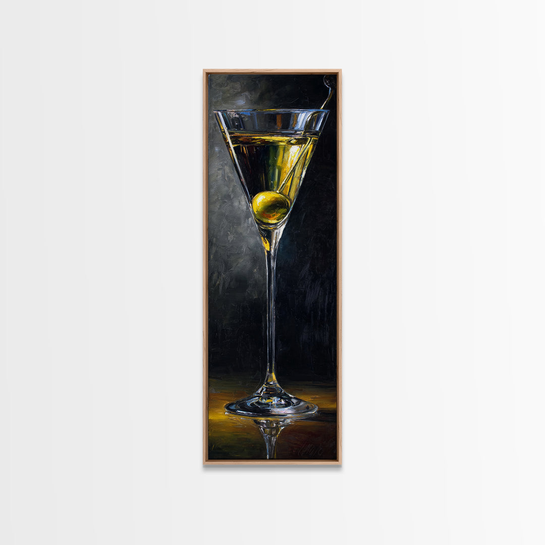 Martini Glass with Olive on a Black Canvas Print, Bar Art, Kitchen Wall Decor, Bar Decor, Fine Art, Bar Cart Art, BAR-1x3-39