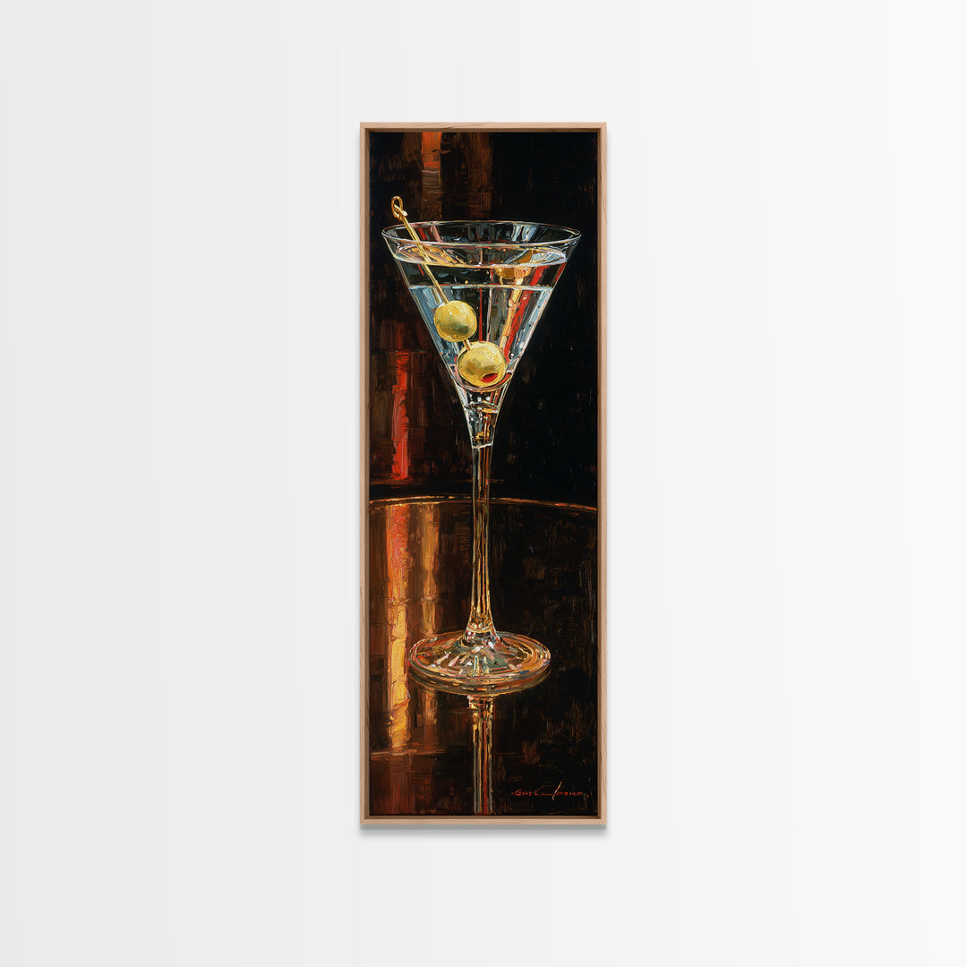 Martini Glass with Olive on a Black Canvas Print, Bar Art, Bar Cart Decor, Bar Decor, Oil Painting, Minimalist Decor, BAR-1x3-63