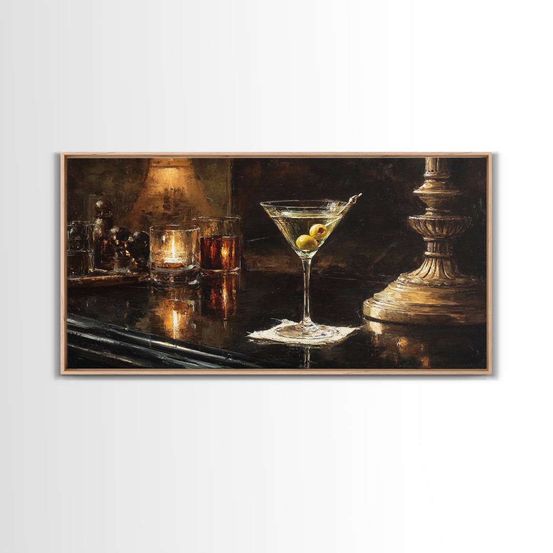 Martini Glass with Olive on a Black Framed Canvas Print, Bar Art, Bar Cart, Bar Decor, Watercolor Art, Kitchen Print, BAR-2x1-23