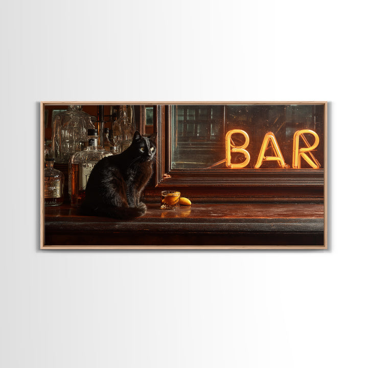 Black Cat Beside a Glowing Bar Neon Framed Canvas Print, Bar Art, Contemporary Art, Bar Decor, Fine Art, Apartment Decor, BAR-2x1-34