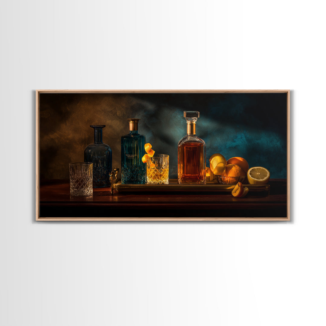 Luxury Emerald Bar Cart Arrangement Framed Canvas Print, Bar Art, Room Decor, Bar Decor, Fine Art, Kitchen Decor, BAR-2x1-42