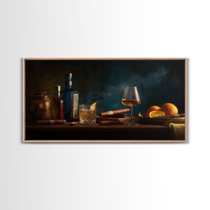 Dark Moody Cigar and Whiskey Still Life Framed Canvas Print, Bar Art, Bar Cart, Bar Decor, Watercolor Art, Kitchen Print, BAR-2x1-5