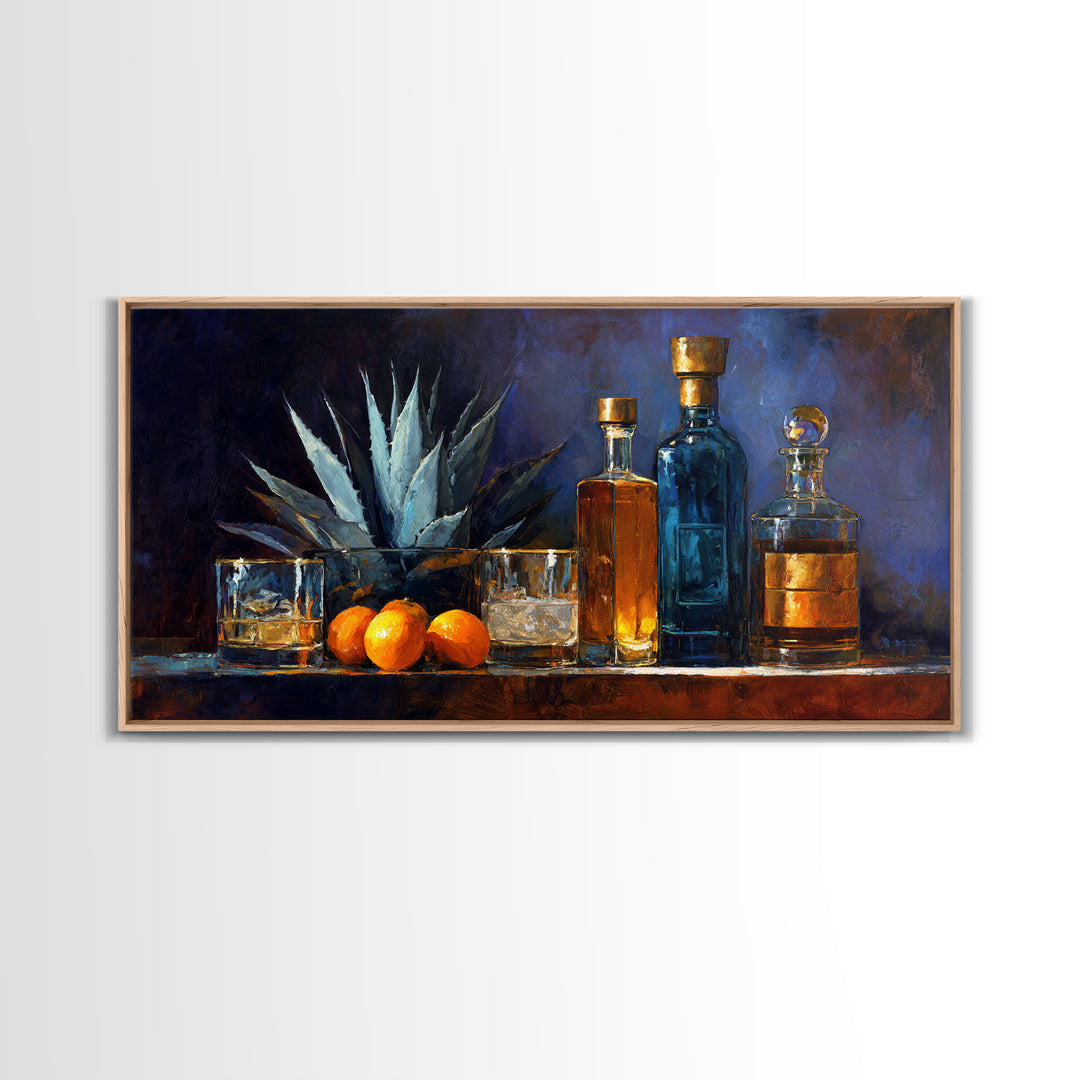 Tequila Agave Plant Study Framed Canvas Print, Bar Art, Kitchen Wall Decor, Bar Decor, Oil Painting, Bar Cart Art, BAR-2x1-80