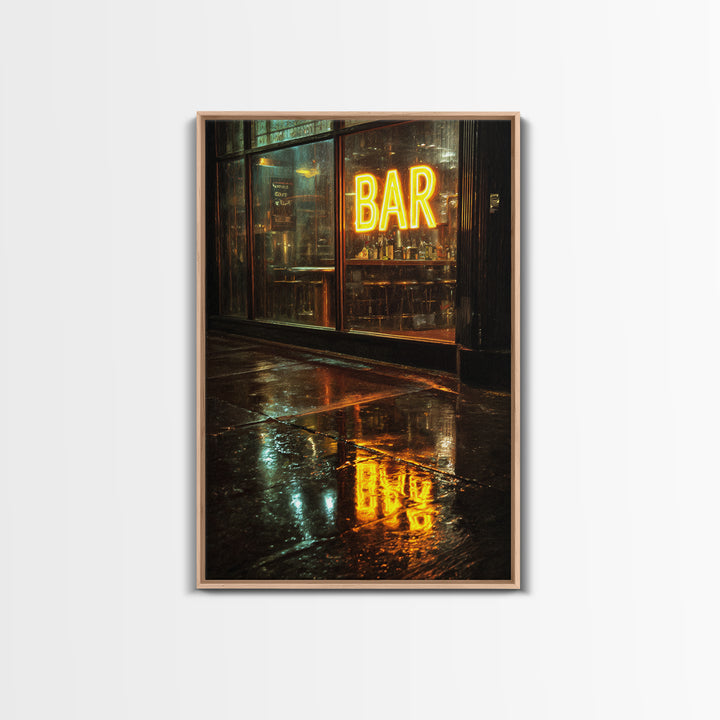 Neon Cocktail Sign Reflected Framed Canvas Print, Bar Art, Digital Print, Bar Decor, Fine Art, Coffee Wall Art, BAR-2x3-13