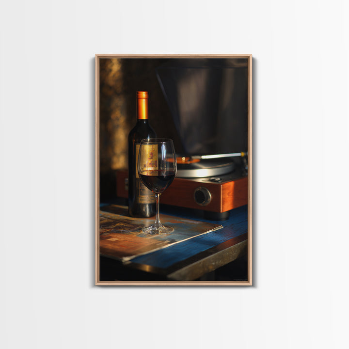 Wine and Record Player Lounge Still Life Framed Canvas Print, Bar Art, Canvas Wall Art, Bar Decor, Oil Painting, BAR-2x3-21