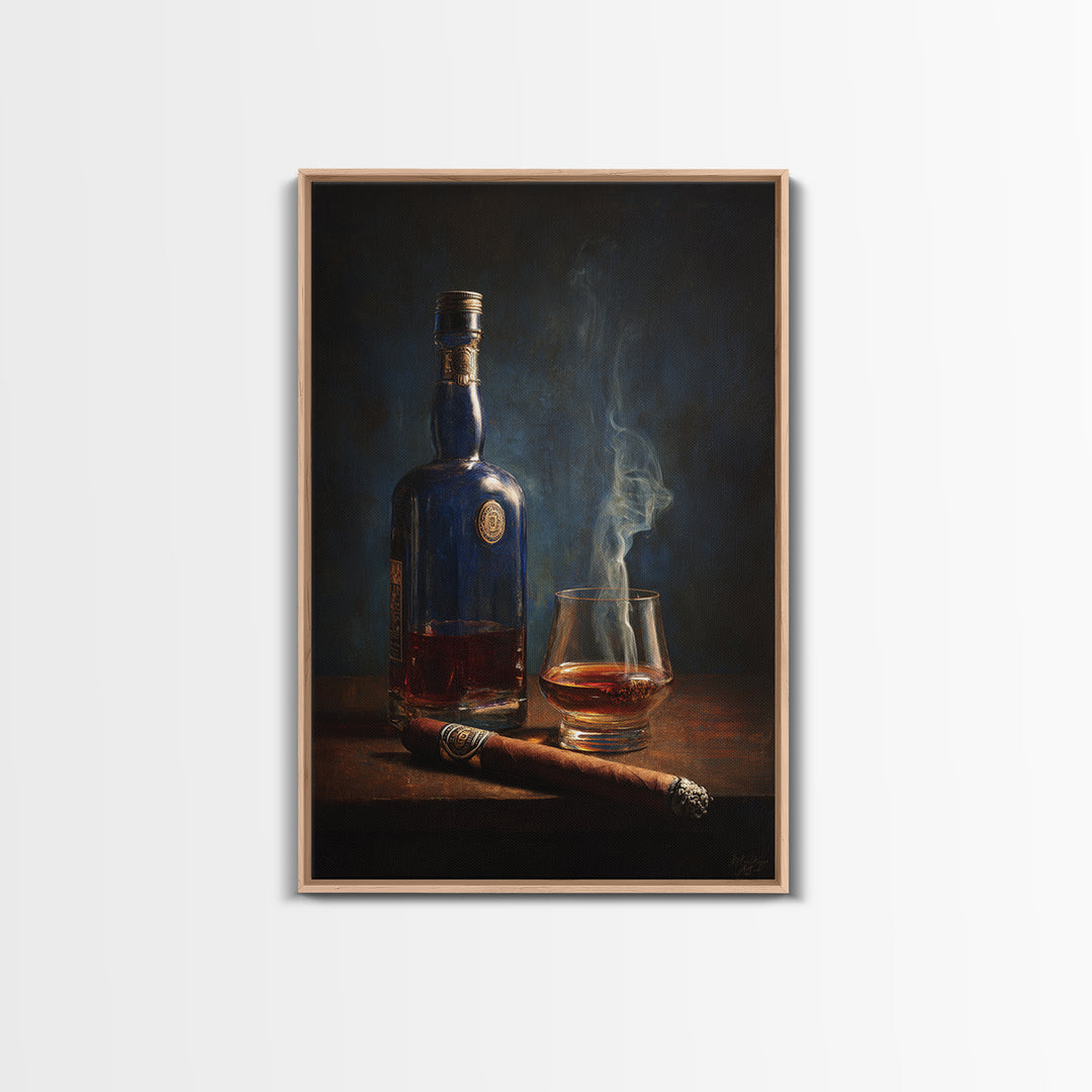 Dark Moody Cigar and Whiskey Still Life Canvas Print, Bar Art, Kitchen Wall Decor, Bar Decor, Fine Art, Bar Cart Art, BAR-2x3-65