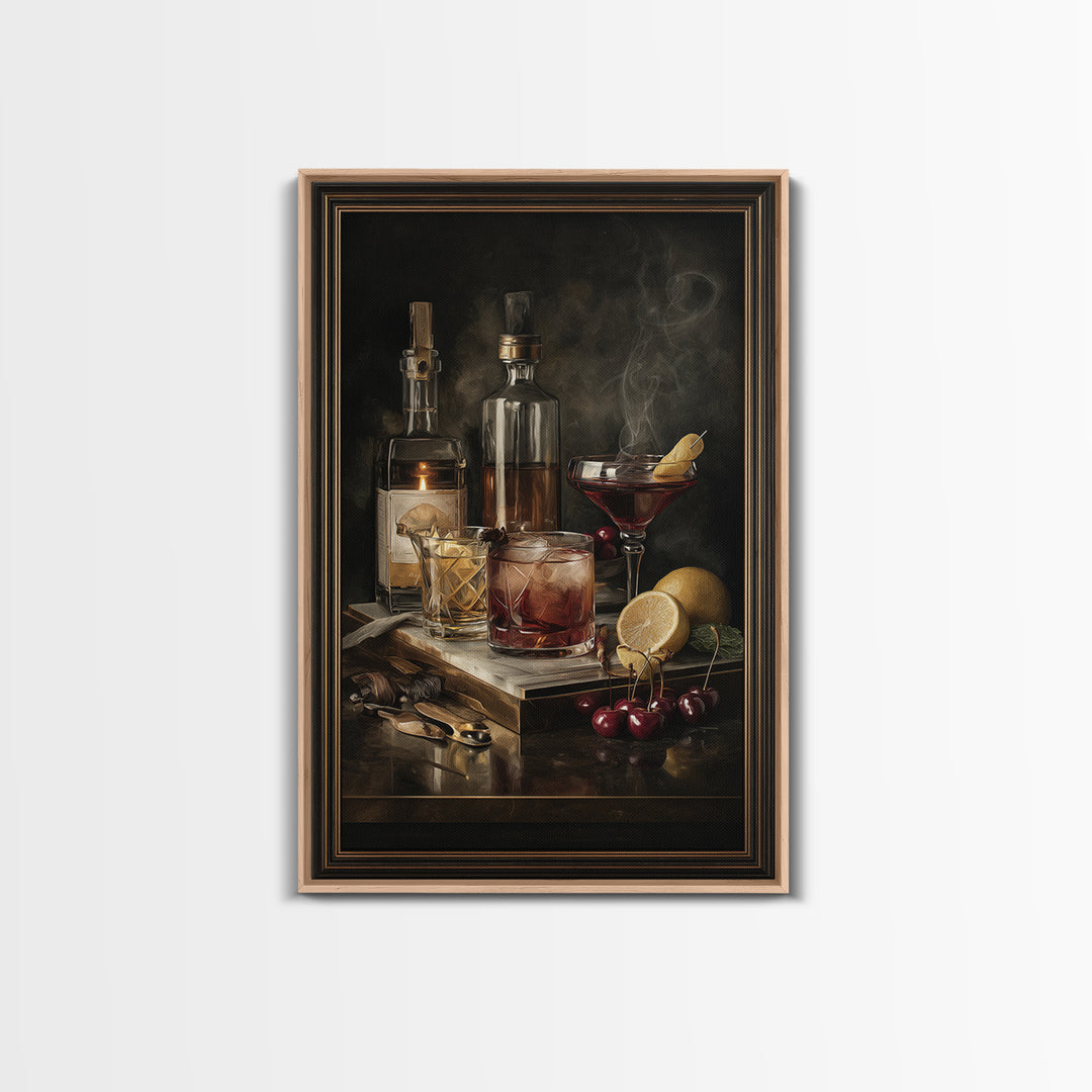 Cocktail Recipe Diagram Styled as Elegant Art Framed Canvas Print, Bar Art, Living Room Art, Bar Decor, Fine Art, BAR-2x3-76