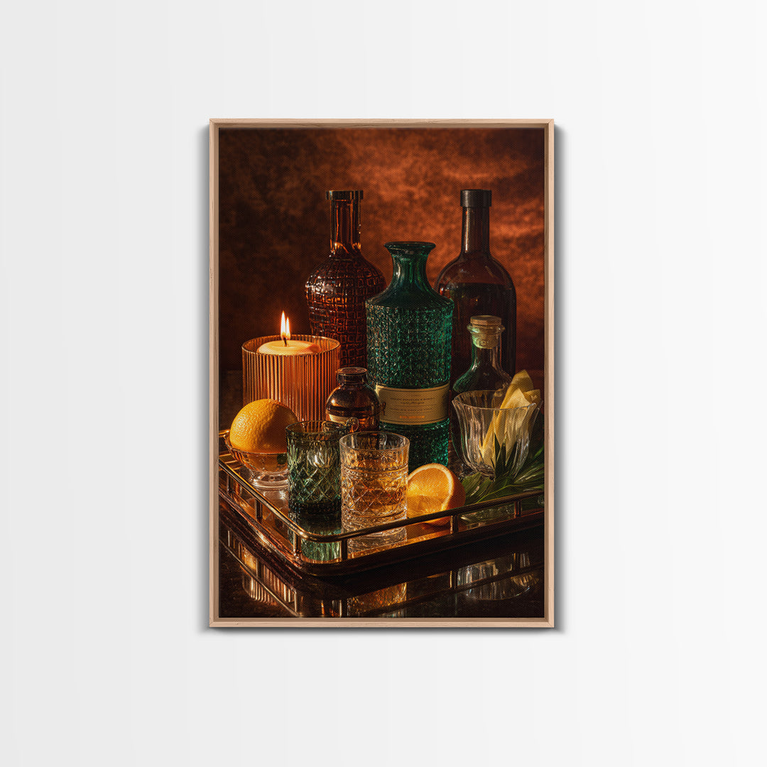 Luxury Emerald Bar Cart Arrangement Framed Canvas Print, Bar Art, Kitchen Wall Art, Bar Decor, Fine Art, Coffee Wall Art, BAR-2x3-78