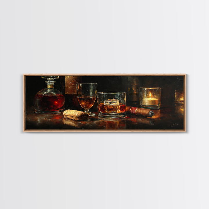 Dark Moody Cigar and Whiskey Still Life Framed Canvas Print, Bar Art, Bar Signs, Bar Decor, Fine Art, Modern Decor, BAR-3x1-1