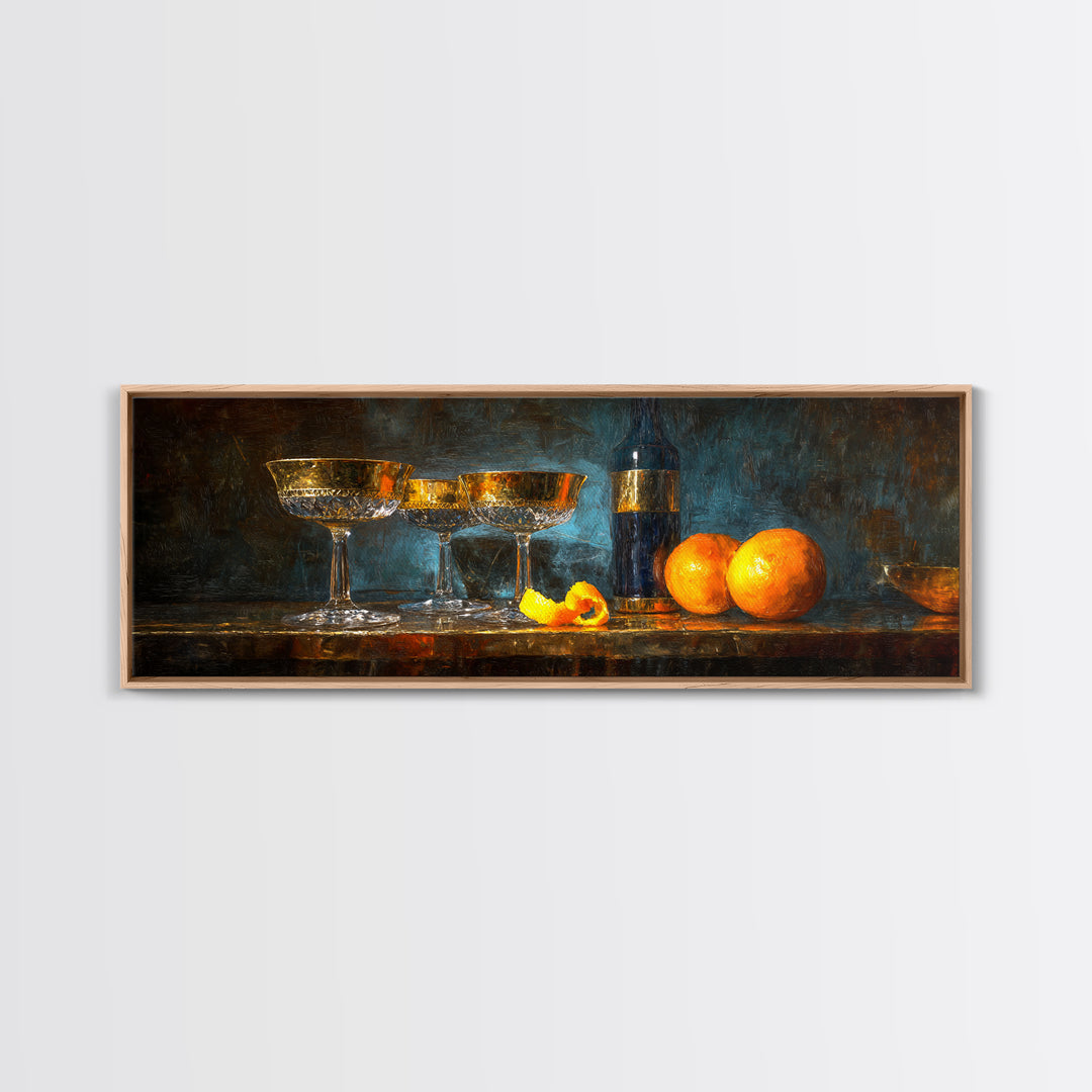 Champagne Coupe Tower Framed Canvas Print, Bar Art, Kitchen Print, Bar Decor, Oil Painting, Fine Art Print, Statement Artwork, BAR-3x1-74