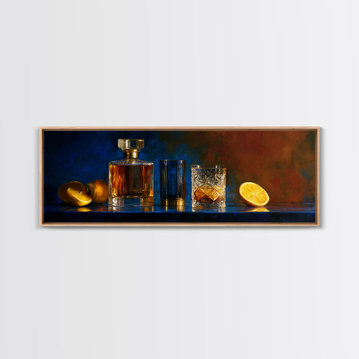 Whiskey Bottle and Cut Crystal Glass Framed Canvas Print, Bar Art, Living Room Art, Bar Decor, Fine Art, Luxury Decor, BAR-3x1-90