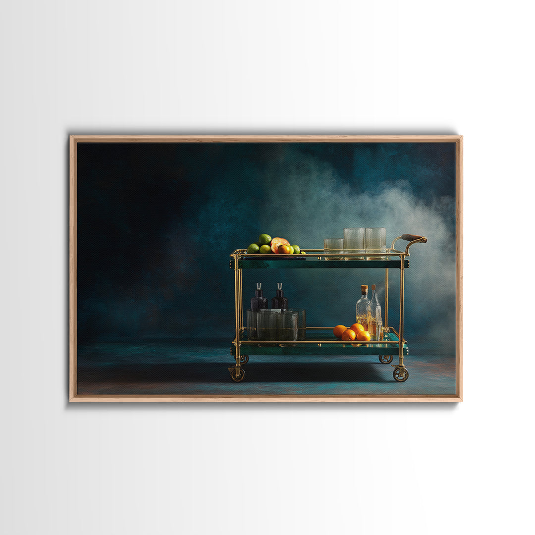 Luxury Emerald Bar Cart Arrangement Framed Canvas Print, Bar Art, Kitchen Wall Art, Bar Decor, Fine Art, Coffee Wall Art, BAR-3x2-2
