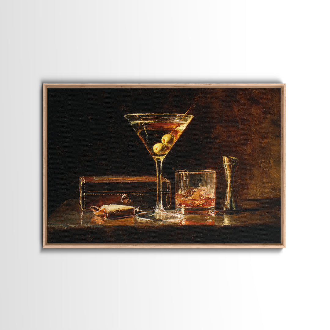 Martini Glass with Olive on a Black Framed Canvas Print, Bar Art, Apartment Decor, Bar Decor, Abstract Art, Living Room Art, BAR-3x2-7