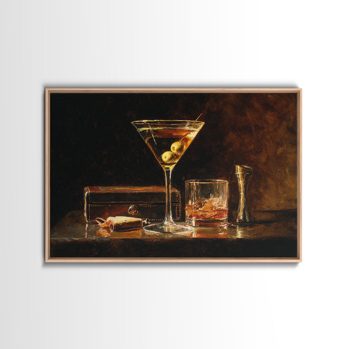 Martini Glass with Olive on a Black Framed Canvas Print, Bar Art, Apartment Decor, Bar Decor, Abstract Art, Living Room Art, BAR-3x2-7