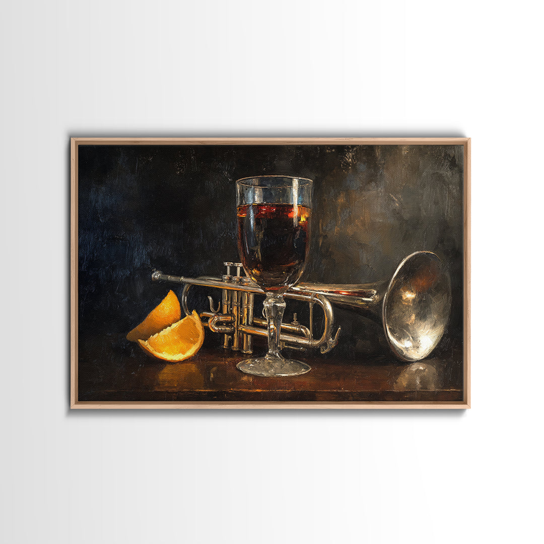 Moody Jazz Trumpet Beside a Half Full Framed Canvas Print, Bar Art, Bar Signs, Bar Decor, Fine Art, Modern Decor, BAR-3x2-70